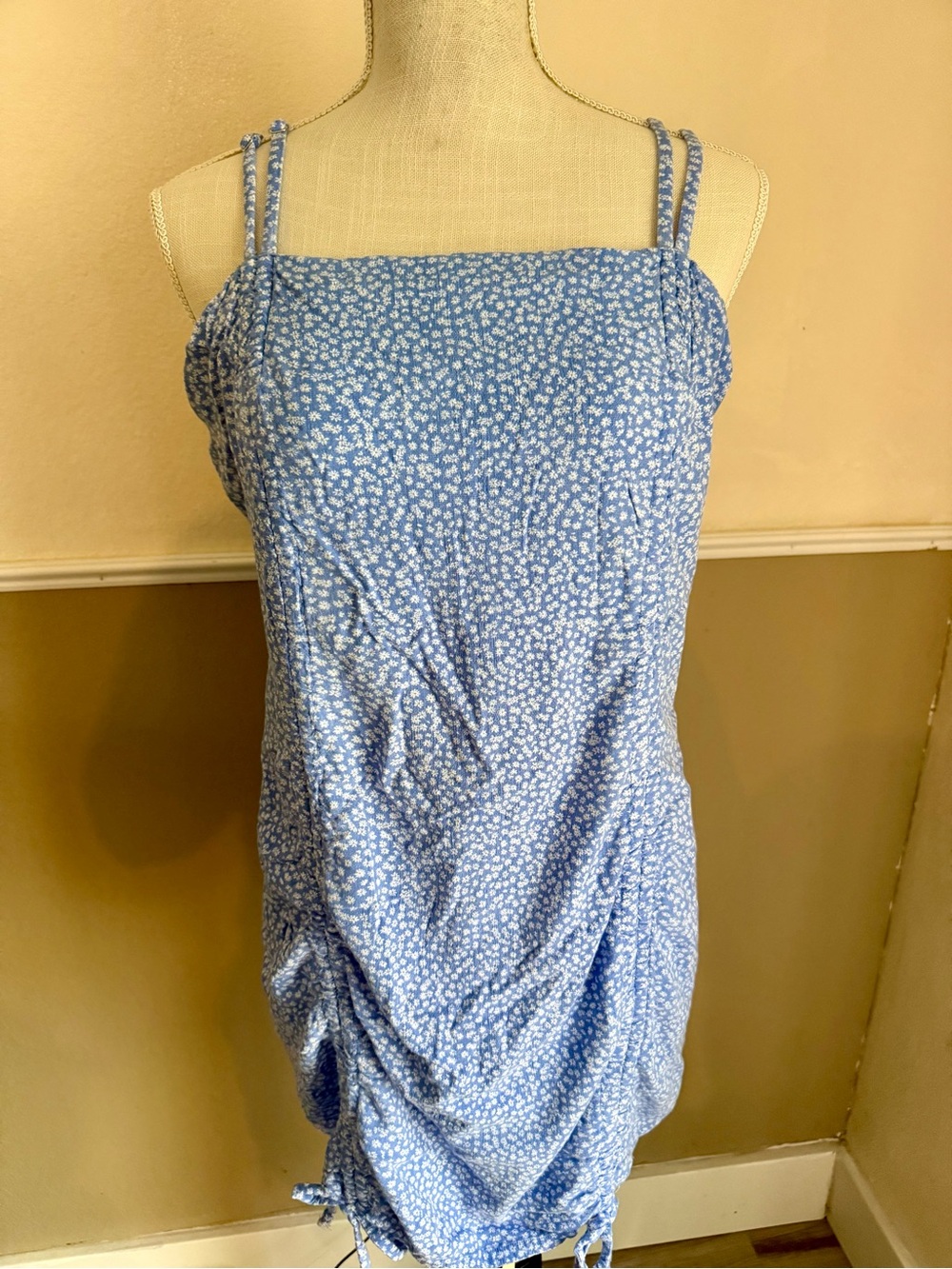 Wild Fable Blue Floral Ruched Mini Dress XL Adjustable Strap Cottagecore